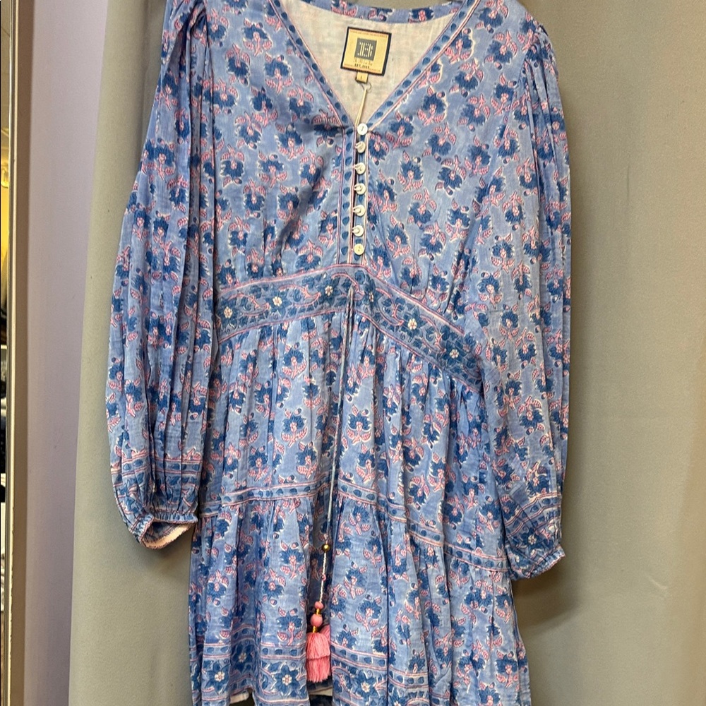 Floral Blue Dress with Pink Accents and Tassels